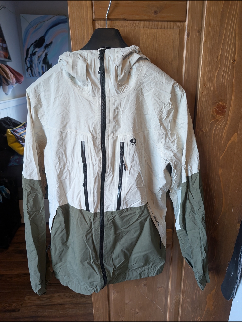 Mountain Hardwear Hooded Two-Tone Windbreaker Jacket - White & Olive Green